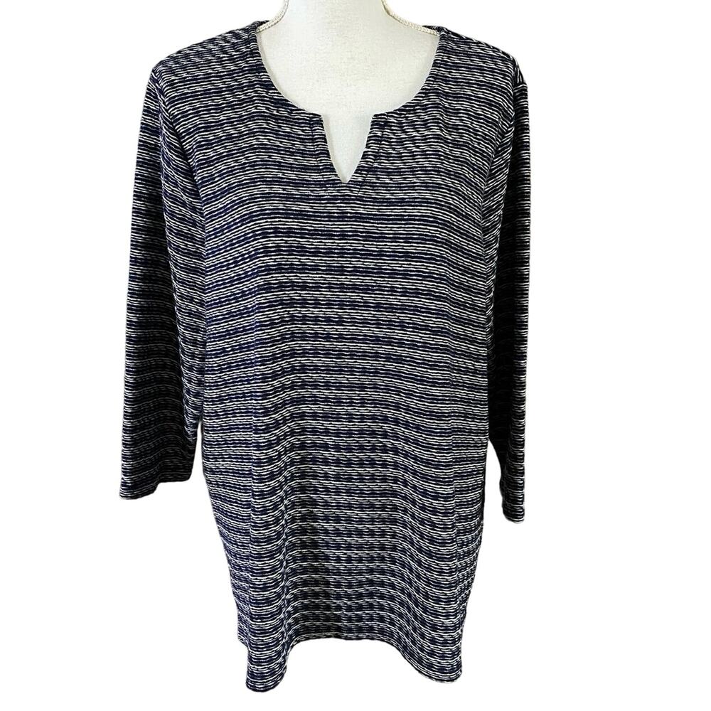 Chicos Size 3 US XL Knit Striped Notch Neck Sweater Navy Blue White